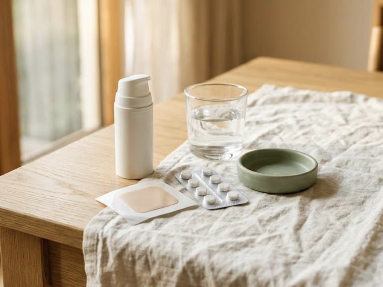 A still life of HRT forms on a table: a gel pump, a patch and tablets