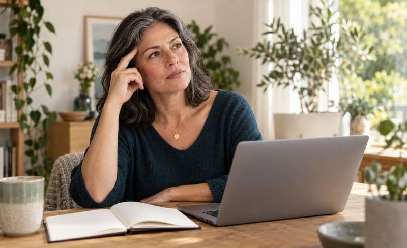 A woman at a desk with a laptop, resting her head on her hand