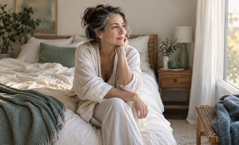 A woman sitting on her bed in morning light