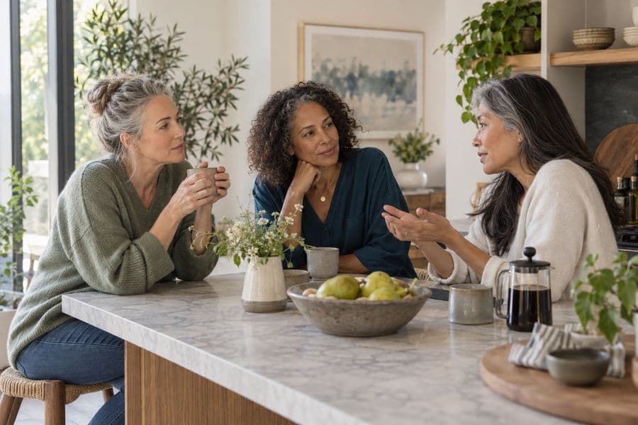 Three women in their fifties talking around a kitchen table