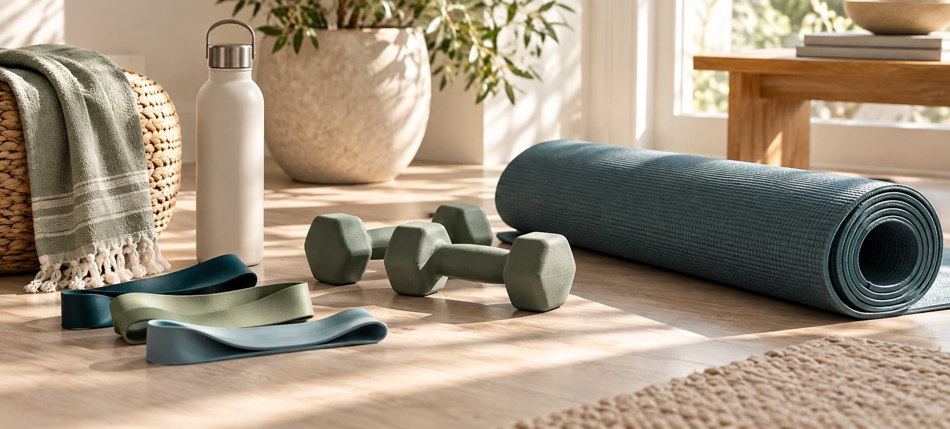 Resistance bands, weights, mat