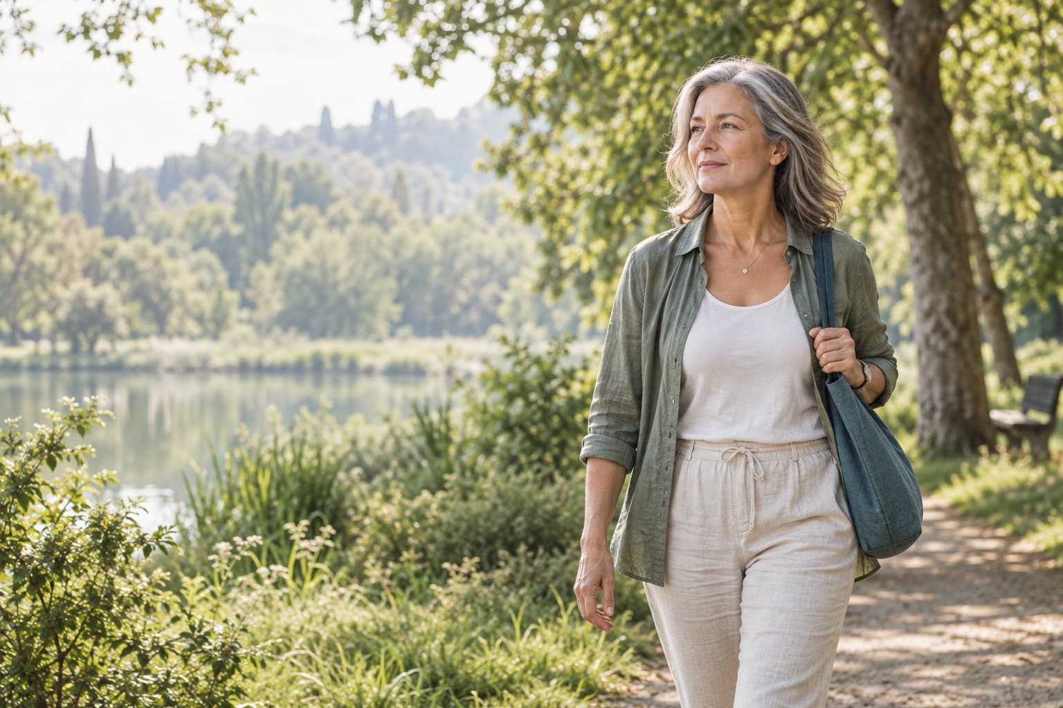 confident midlife woman walking outdoors or preparing a meal, natural light, everyday vitality