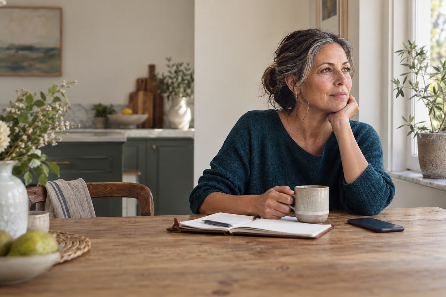 midlife woman mid-morning at a kitchen table with coffee, planner and phone, natural light, calm and capable