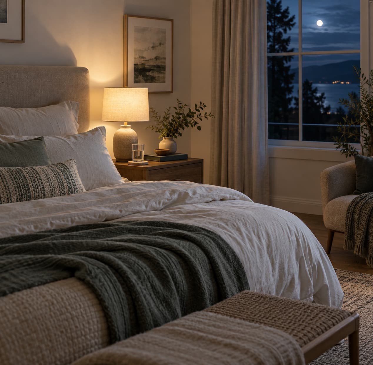 Large editorial photo — calm night bedroom