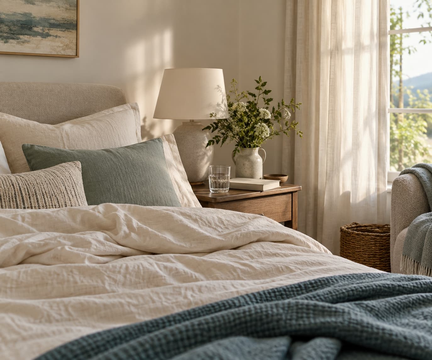 calm morning bedroom, soft light