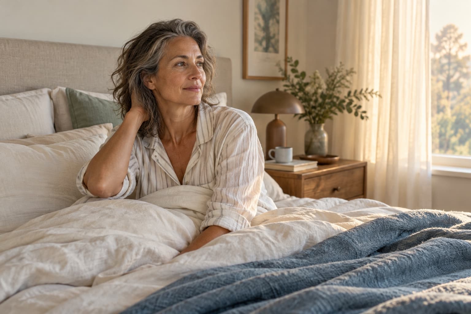 calm morning bedroom, midlife woman, soft light