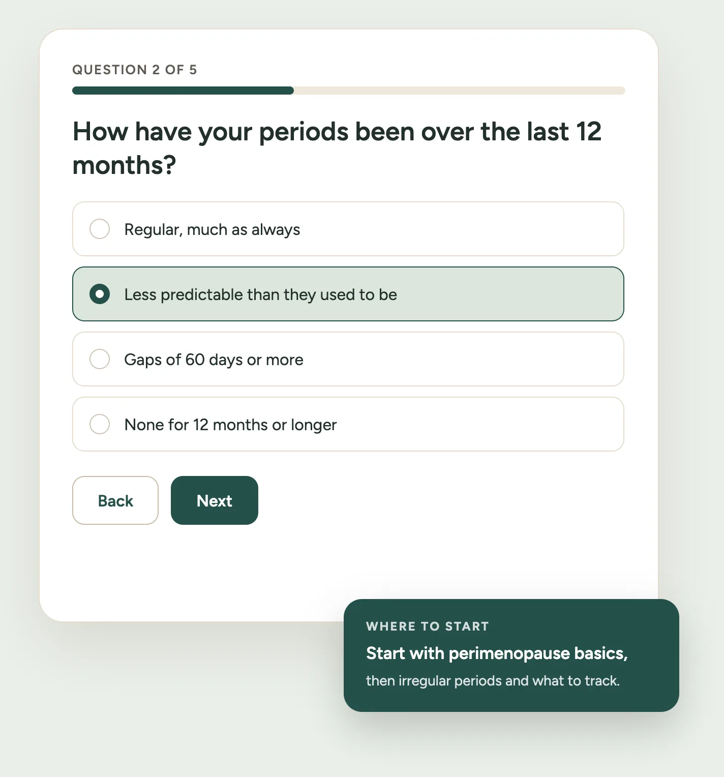 Menopause Journey Explorer preview — question 2 of 5 asking how periods have changed over the last 12 months, with a suggested starting point