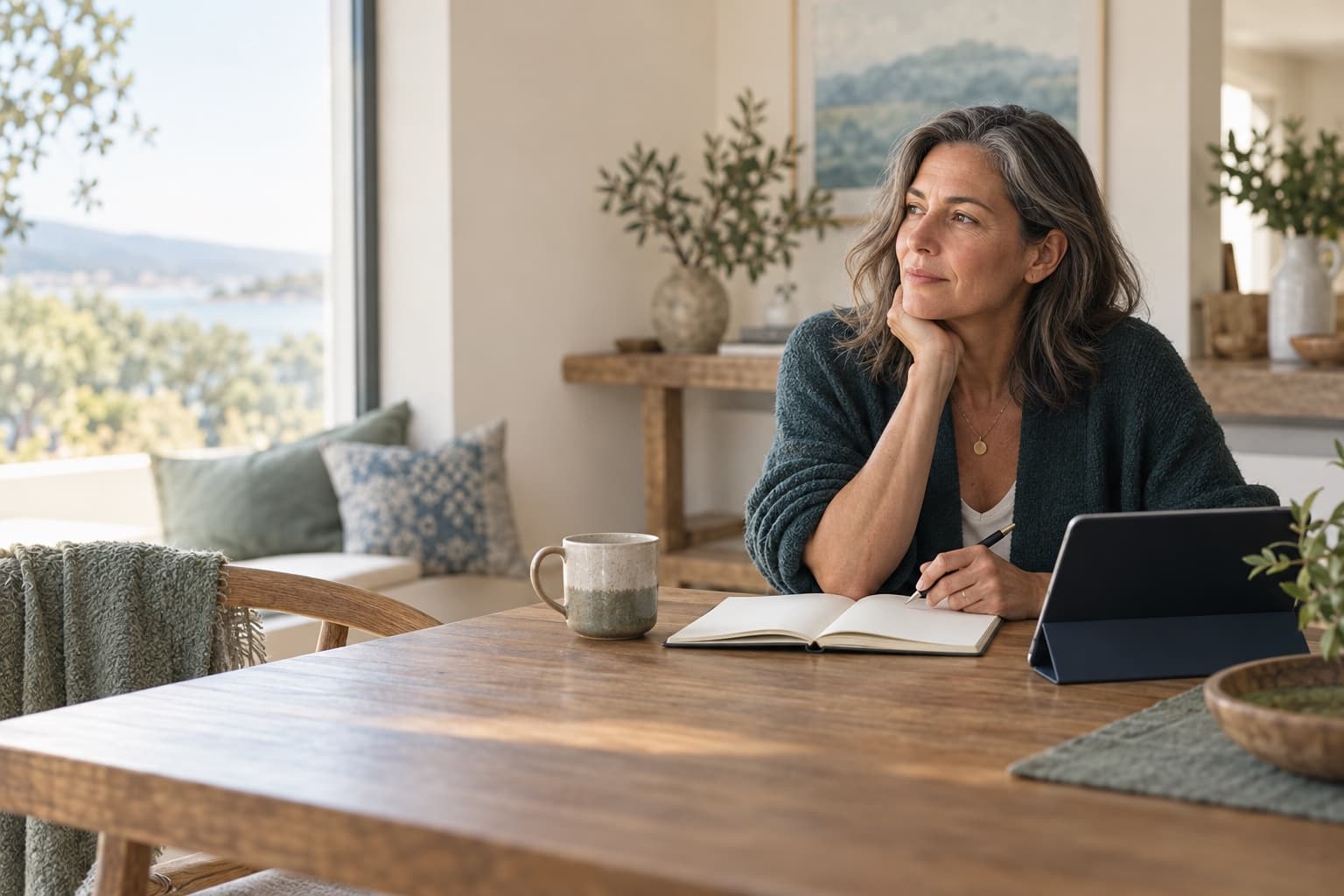 calm midlife woman at a table reviewing health information, notebook and tablet, natural light