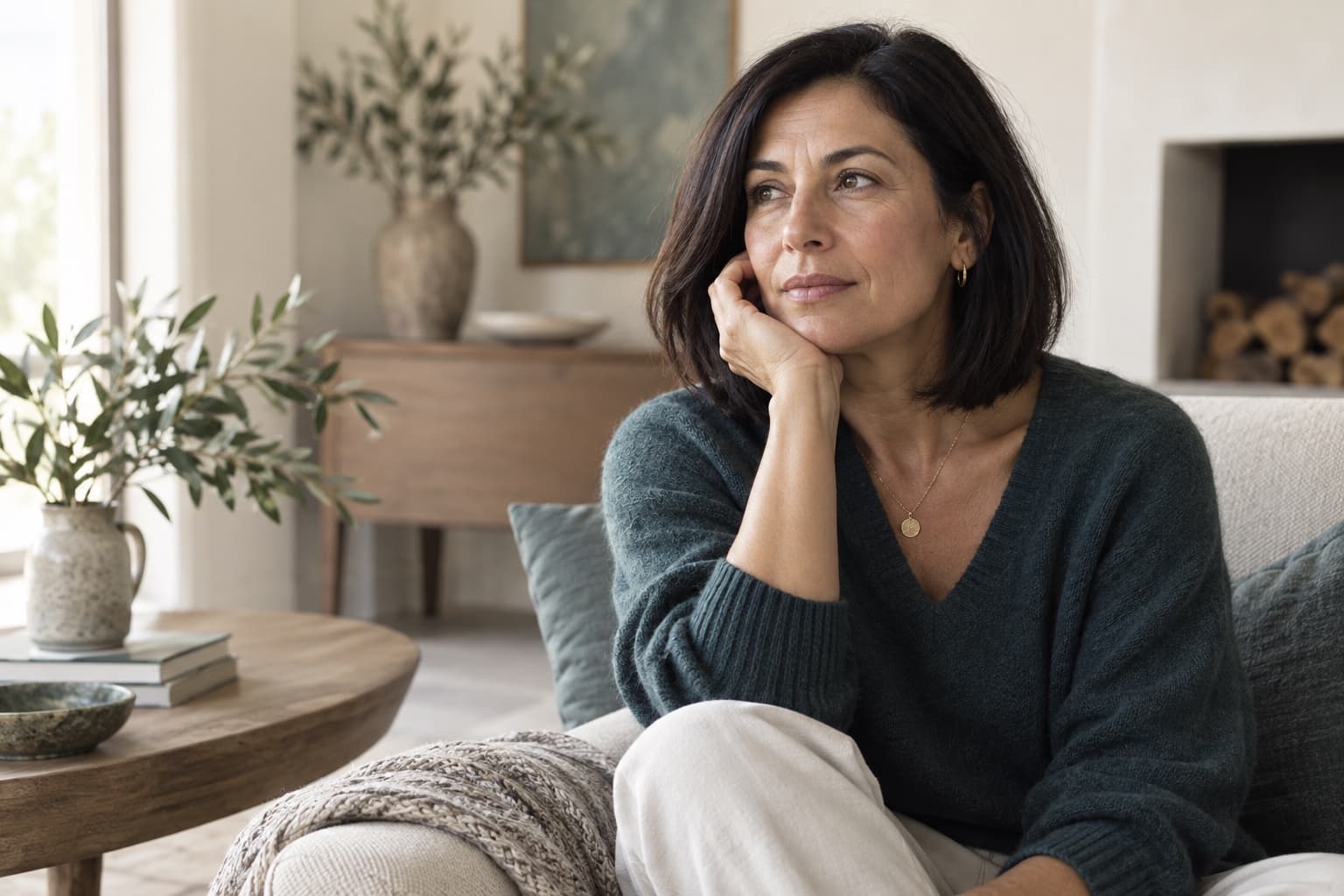 midlife woman, reflective, natural light